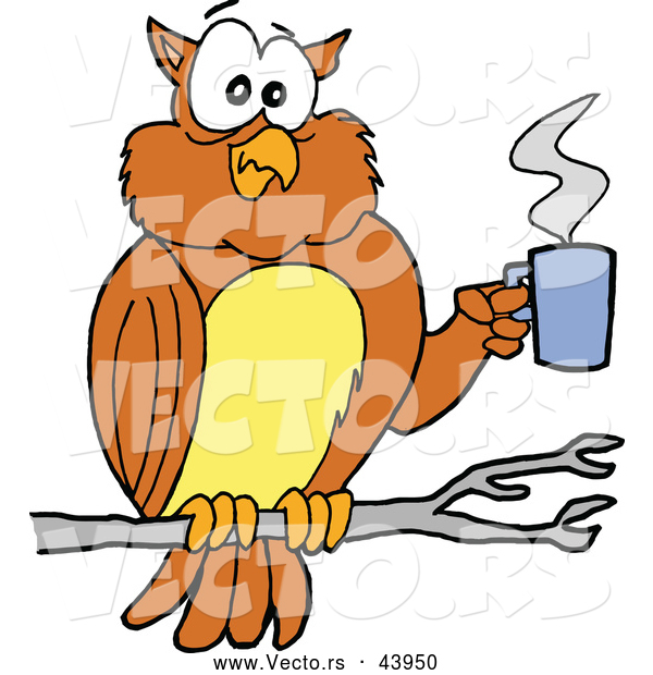 Vector of a Cartoon Owl in a Tree with a Hot Cup of Coffee