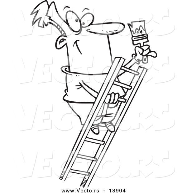 Vector of a Cartoon Painter Climbing a Ladder - Outlined Coloring Page