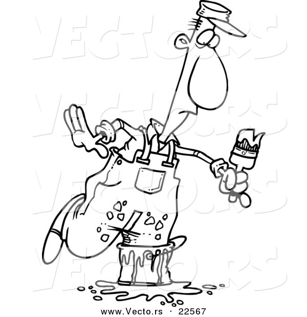 Vector of a Cartoon Painter Stepping in a Bucket - Coloring Page Outline