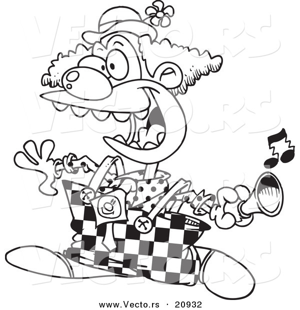 Vector of a Cartoon Party Clown Using a Horn - Coloring Page Outline