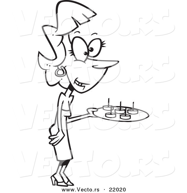 Vector of a Cartoon Party Hostess Serving Snacks - Outlined Coloring Page