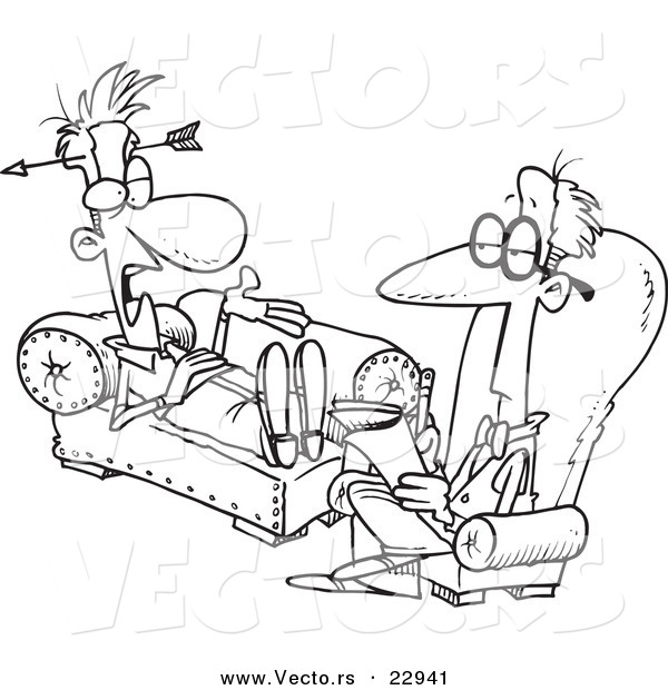 Vector of a Cartoon Patient with an Arrow Through His Head in a Psychiatrist's Office - Coloring Page Outline