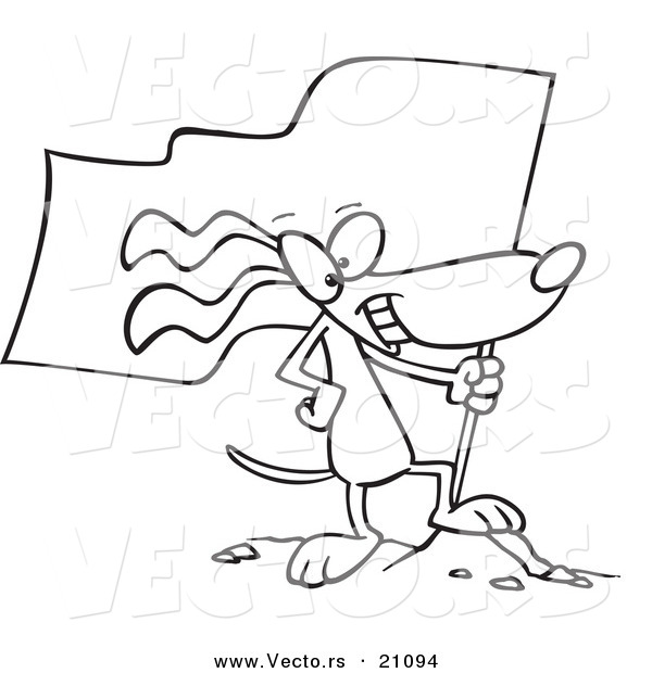 Vector of a Cartoon Patriotic Dog Standing on a Mound with a Flag - Coloring Page Outline