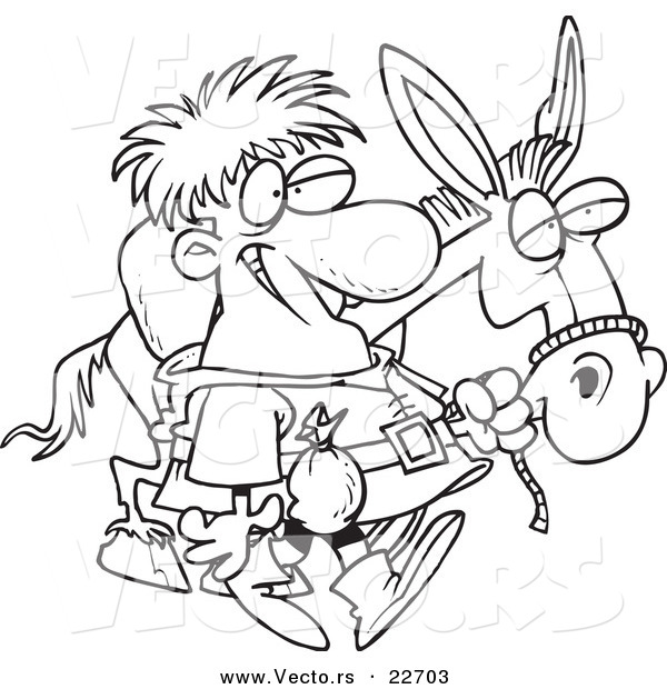 Vector of a Cartoon Peddlar with a Donkey - Coloring Page Outline