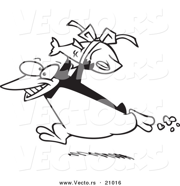 Vector of a Cartoon Penguin Carrying a Fish Gift - Coloring Page Outline