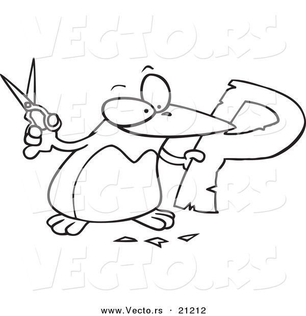 Vector of a Cartoon Penguin Cutting out the Letter P - Coloring Page Outline
