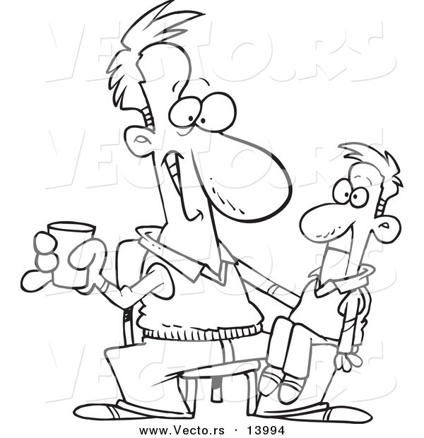 Vector of a Cartoon Performing Man with a Ventriloquist Doll on His Lap - Coloring Page Outline
