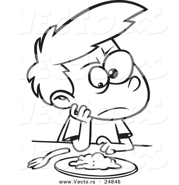Vector of a Cartoon Picky Eater Boy Staring down Greens - Outlined Coloring Page