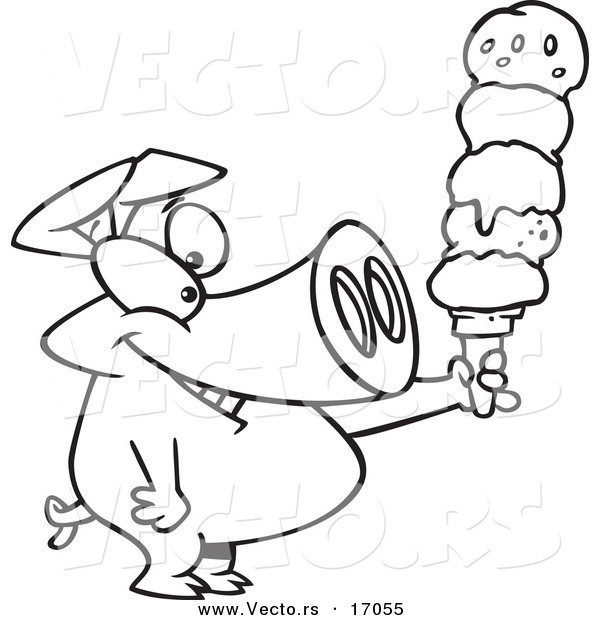 Vector of a Cartoon Pig Holding a Big Ice Cream Cone - Coloring Page Outline