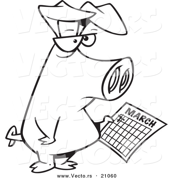 Vector of a Cartoon Pig Holding a Calendar - Coloring Page Outline