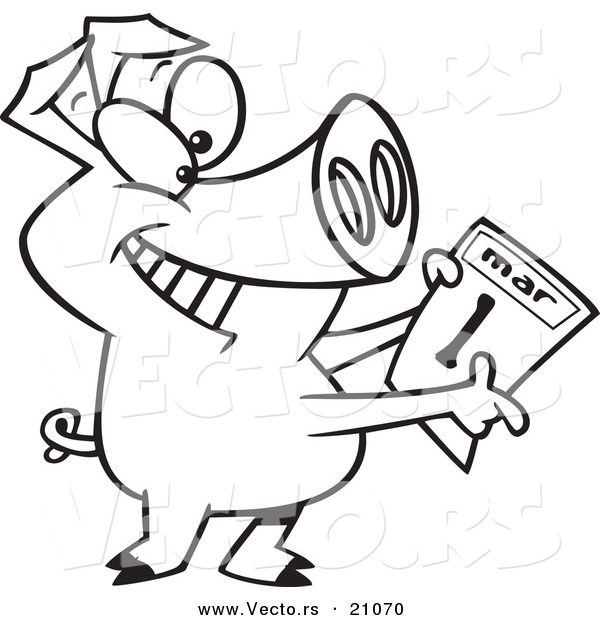 Vector of a Cartoon Pig Holding a March 1st Calendar - Coloring Page Outline