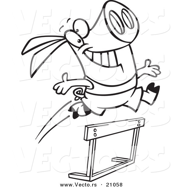 Vector of a Cartoon Pig Leaping over a Hurdle - Coloring Page Outline