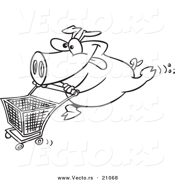 Vector of a Cartoon Pig Pushing a Shopping Cart - Coloring Page Outline