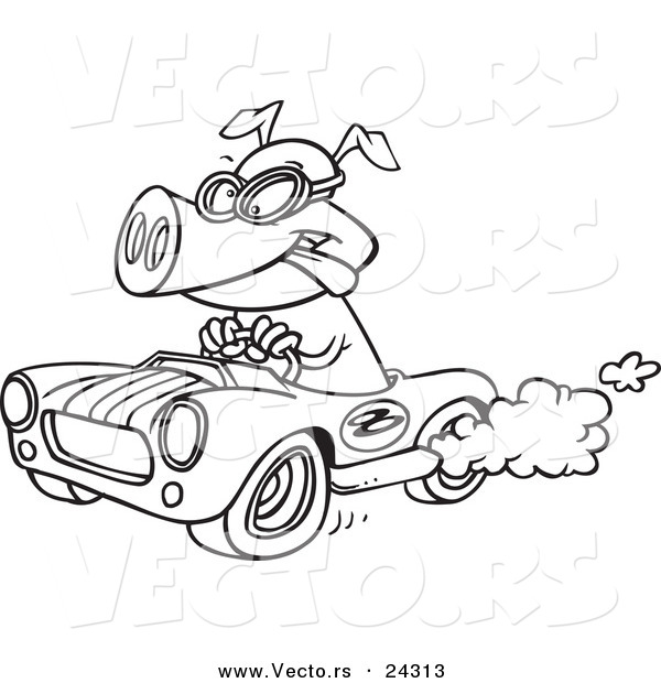 Vector of a Cartoon Pig Racing a Hot Rod Black and White Outline - Outlined Coloring Page