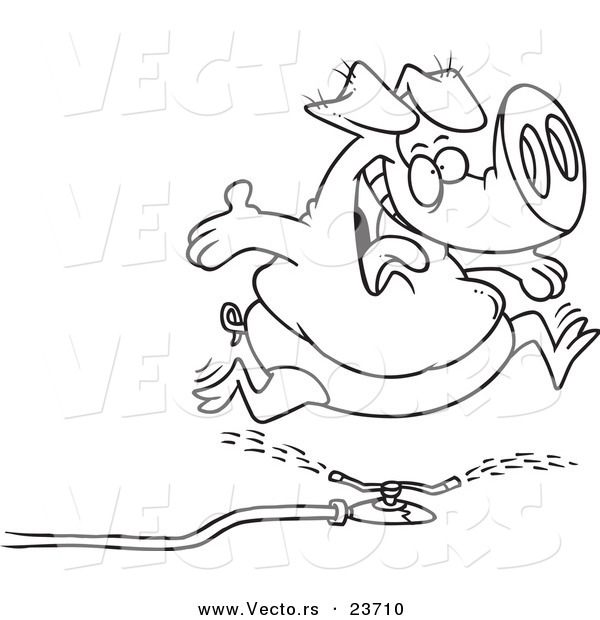 Vector of a Cartoon Pig Running Through a Sprinkler - Coloring Page Outline
