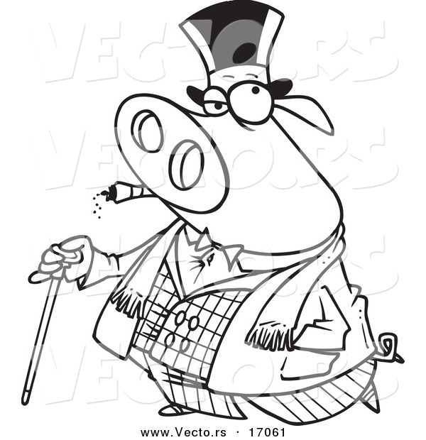 Vector of a Cartoon Pig Smoking a Cigar and Walking with a Cane - Coloring Page Outline