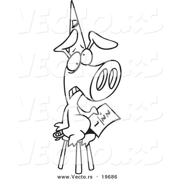 Vector of a Cartoon Pig Wearing a Dunce Hat - Outlined Coloring Page