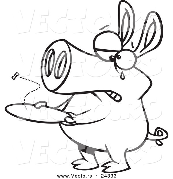 Vector of a Cartoon Pig with an Empty Plate - Outlined Coloring Page