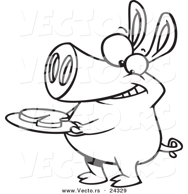 Vector of a Cartoon Pig with Meat on a Plate - Outlined Coloring Page