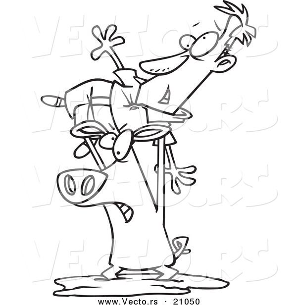 Vector of a Cartoon Pig Wrestling a Man in the Mud - Coloring Page Outline