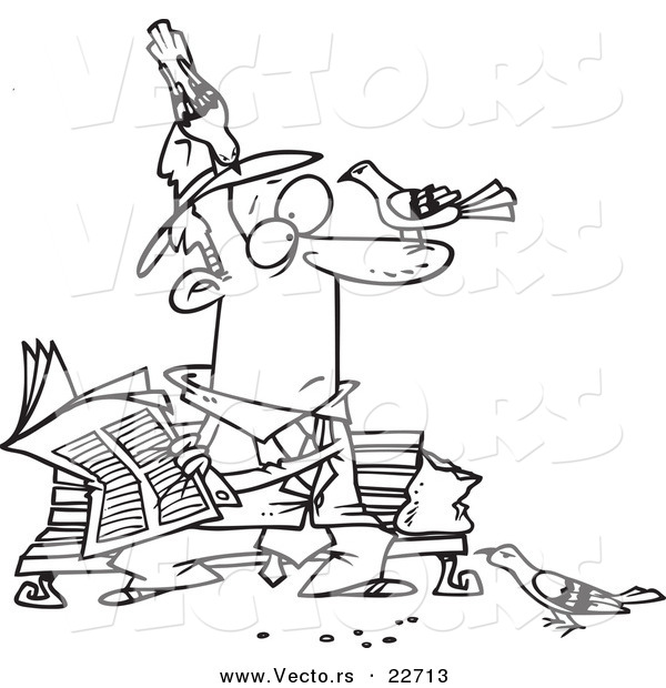 Vector of a Cartoon Pigeons on a Man Reading the Newspaper - Coloring Page Outline