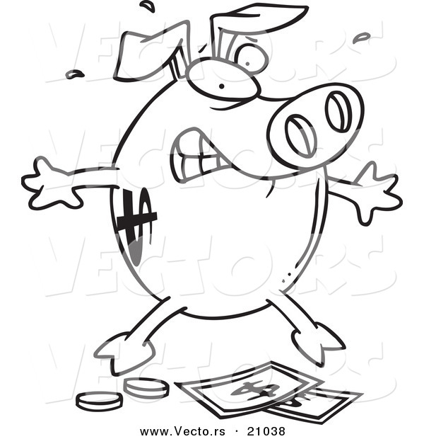 Vector of a Cartoon Piggy Bank over Money - Coloring Page Outline