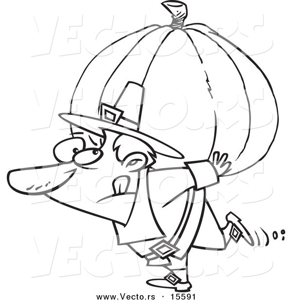 Vector of a Cartoon Pilgrim Carrying a Heavy Pumpkin - Coloring Page Outline