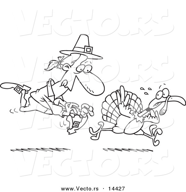 Vector of a Cartoon Pilgrim Chasing a Turkey Bird - Coloring Page Outline