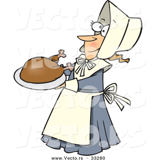 Vector of a Cartoon Pilgrim Lady Serving Turkey on a Dish
