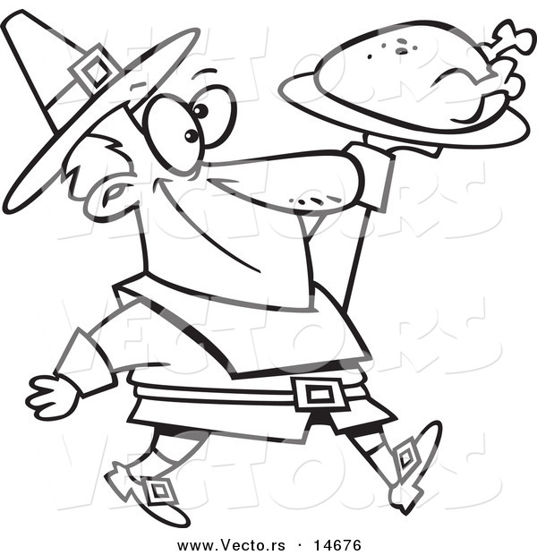 Vector of a Cartoon Pilgrim Man Carrying a Roasted Turkey - Coloring Page Outline