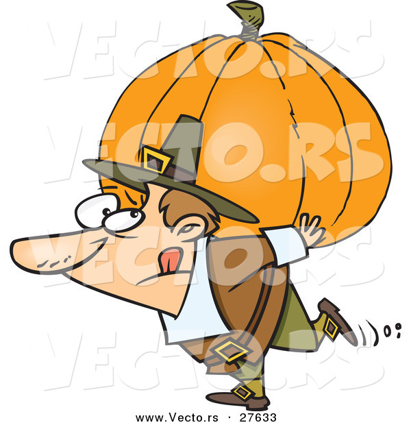 Vector of a Cartoon Pilgrim Man Carrying Heavy Pumpkin on His Back