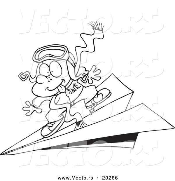 Vector of a Cartoon Pilot Boy Flying on a Paper Plane - Outlined Coloring Page