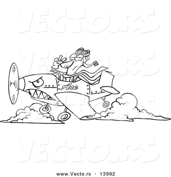 Vector of a Cartoon Pilot Flying an Ace Plane - Coloring Page Outline