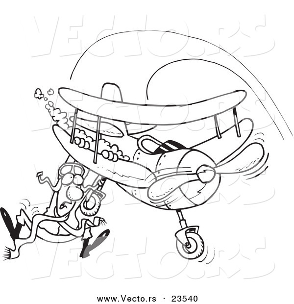 Vector of a Cartoon Pilot Hanging on His Biplane - Coloring Page Outline