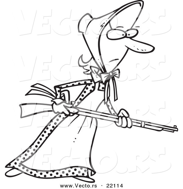 Vector of a Cartoon Pioneer Woman Holding a Gun - Outlined Coloring Page