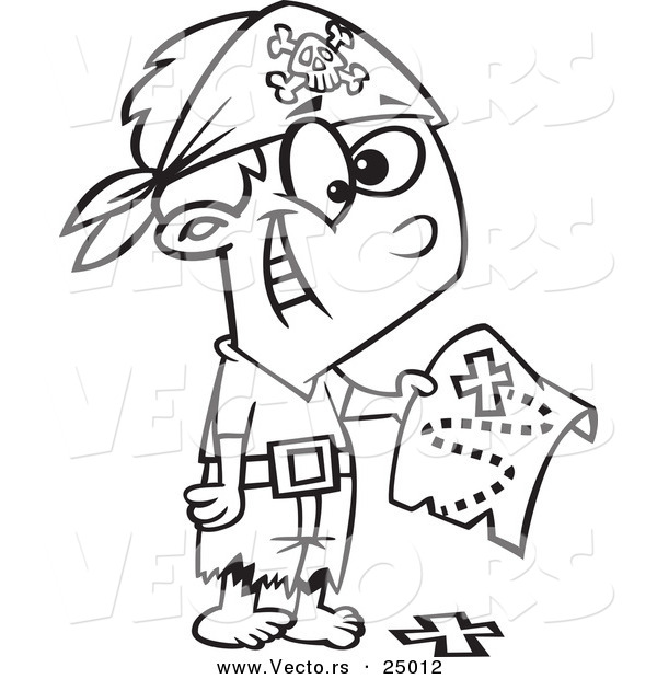 Vector of a Cartoon Pirate Boy Holding a Map over the X on the Ground - Outlined Coloring Page