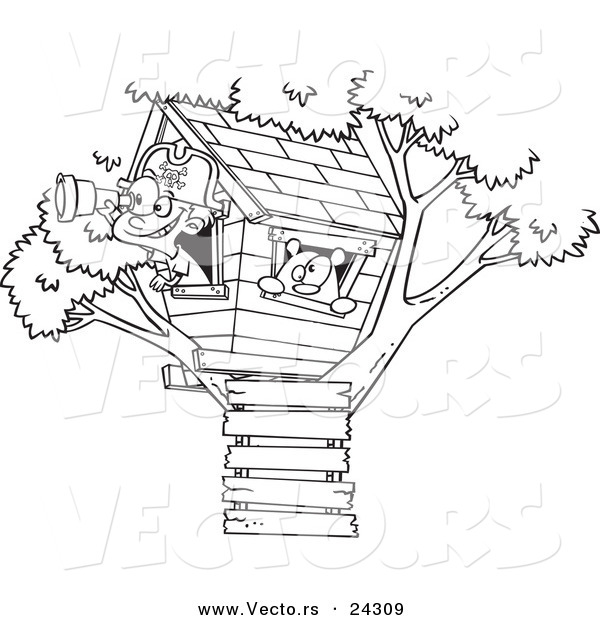 Vector of a Cartoon Pirate Boy in His Tree House Black and White Outline - Outlined Coloring Page