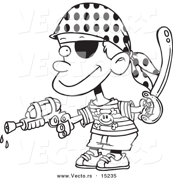 Vector of a Cartoon Pirate Boy Shooting Water Gun - Coloring Page Outline