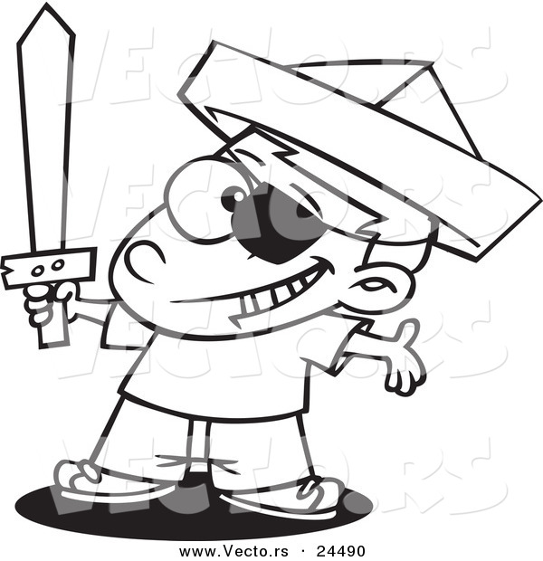 Vector of a Cartoon Pirate Boy with a Newspaper Hat and Sword - Outlined Coloring Page
