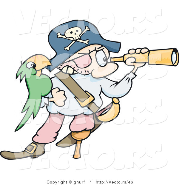 Vector of a Cartoon Pirate Looking Through a Telescope, His Green Parrot on His Arm