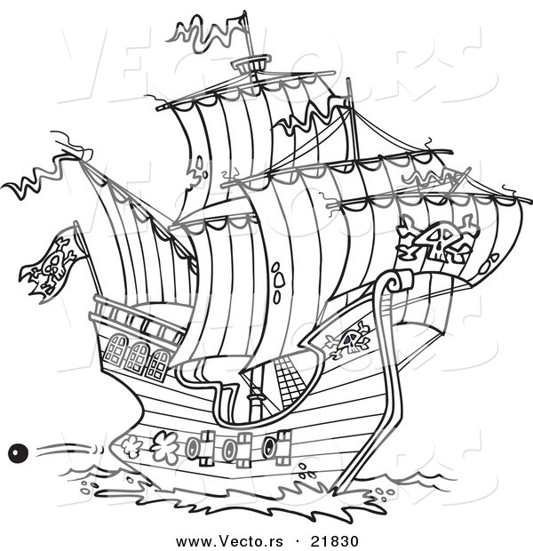 Vector of a Cartoon Pirate Ship Shooting Cannons - Outlined Coloring Page