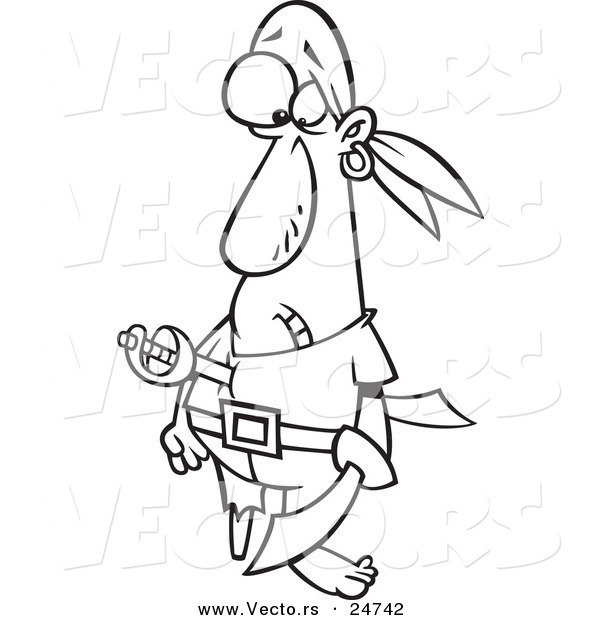 Vector of a Cartoon Pirate Stabbed with a Sword - Outlined Coloring Page