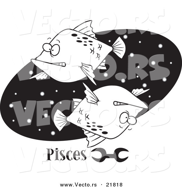 Vector of a Cartoon Pisces Astrology Fish over a Black Oval - Outlined Coloring Page