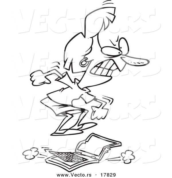 Vector of a Cartoon Pissed Businesswoman Stomping on a Laptop - Outlined Coloring Page