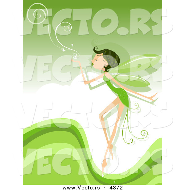 Vector of a Cartoon Pixie Blowing Swirls over a Green Background with Waves