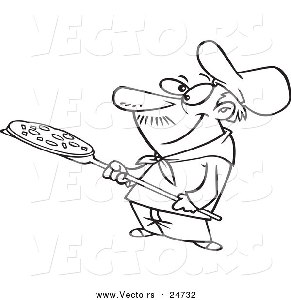 Vector of a Cartoon Pizza Man Holding a Pie - Outlined Coloring Page