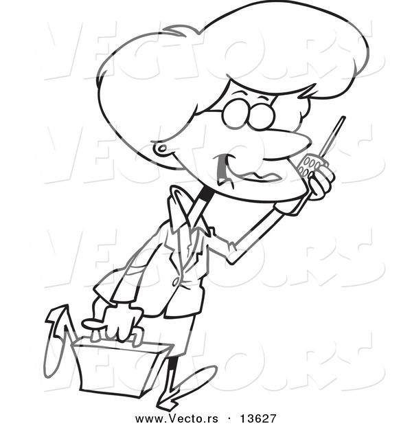 Vector of a Cartoon Pleasant Businesswoman Walking and Talking on a Cell Phone - Coloring Page Outline