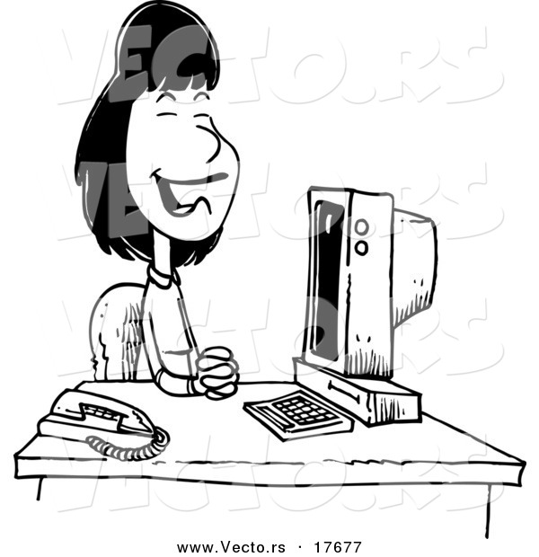 Vector of a Cartoon Pleasant Receptionist Sitting at Her Desk - Coloring Page Outline