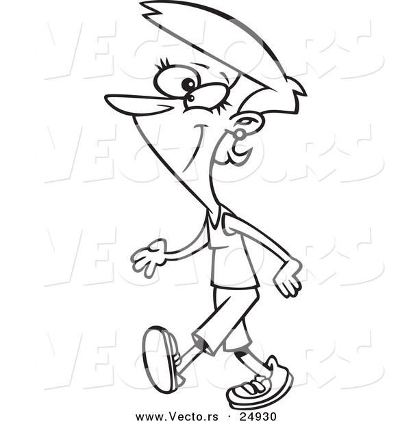 Vector of a Cartoon Pleasant Woman Walking - Outlined Coloring Page