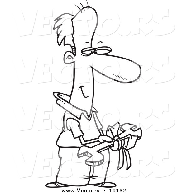 Vector of a Cartoon Pleased Dad Holding a Wrench Gift - Outlined Coloring Page